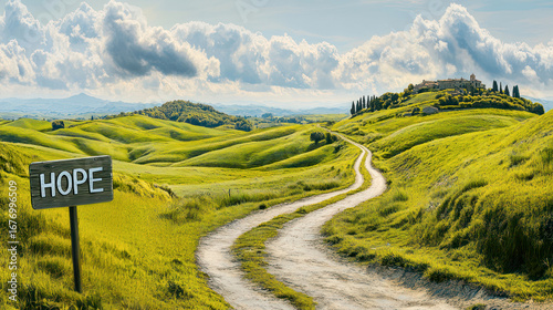 Footpath in summer meadow, wooden sign reading Hope