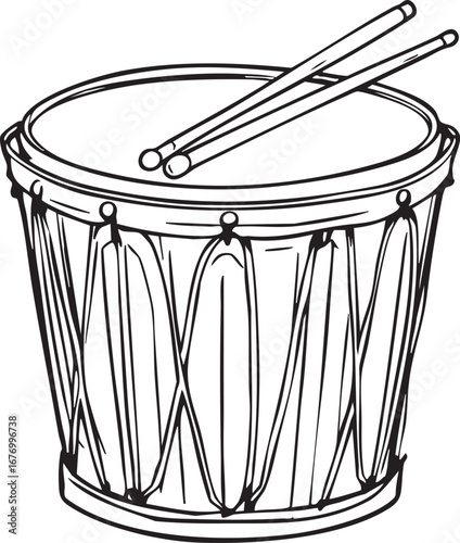 Drum with drumsticks black and white line art illustration showing musical instrument for band percussion and cultural design