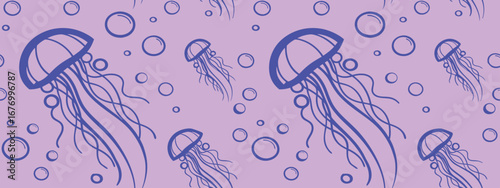 Seamless ocean pattern with jellyfish outline and bubbles on soft background. Marine underwater illustration for fabric, wallpaper, and design. Decorative aquatic sea life motif art.