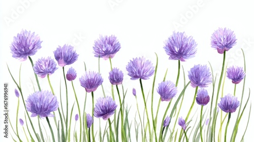 A beautiful watercolor illustration of purple flowers with green stems and leaves, arranged in a natural setting