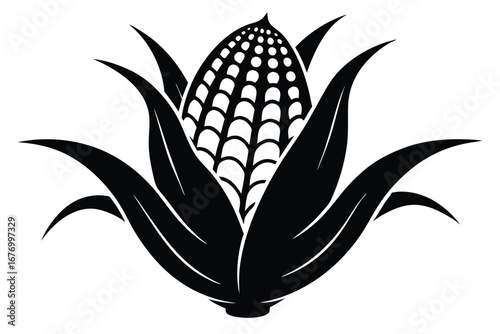 Black Silhouette of Corncob with Husks and Kernels, Simple Graphic Illustration