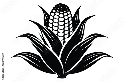 Striking Black Silhouette Illustration of Corn with Husk and Kernels Vector Graphic