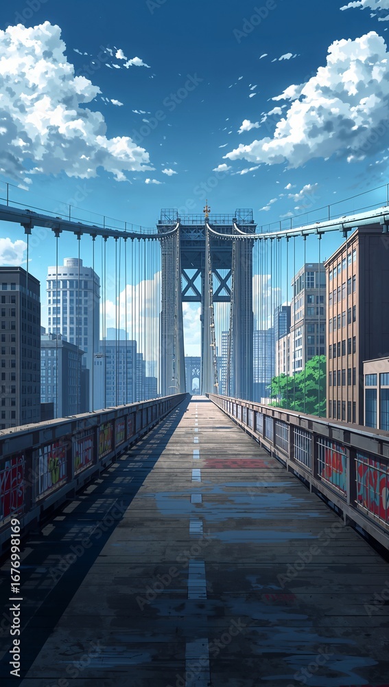 Obraz premium Minimalist quiet graffiti city bridge with graffiti background panoramic wide angle view anime cartoon
