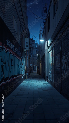 Minimalist quiet graffiti night alley with graffiti background panoramic wide angle view anime cartoon