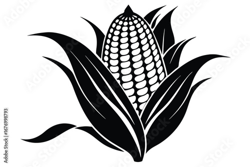 Elegant Black and White Corn Cob Illustration Surrounded by Silhouetted Leaves Design
