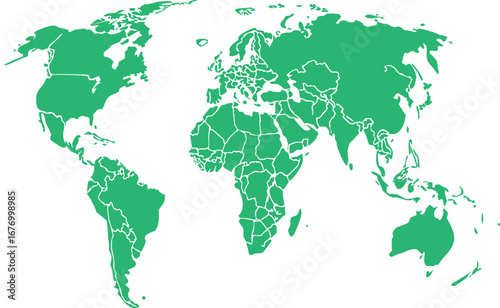Flat green world map silhouette on transparent background, ideal for educational, environmental, and global awareness themes. High-quality vector for infographics, posters, or presentations.	