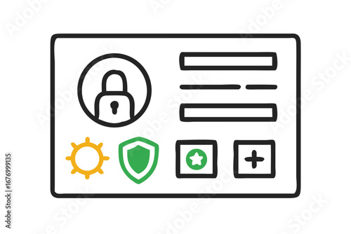 Vector art of account setting card with security and configuration icons on