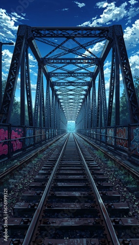 Minimalist quiet old train bridge with graffiti background panoramic wide angle view anime cartoon