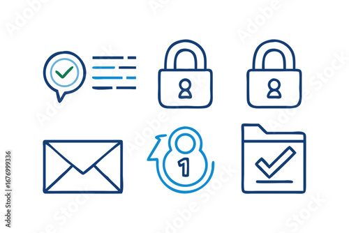Vector art of hand drawn set of check mark, lock, mail icons