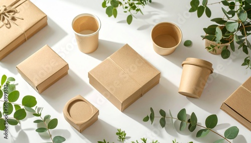 Eco-friendly packaging and containers are arranged with green leaves, showcasing sustainable practices.