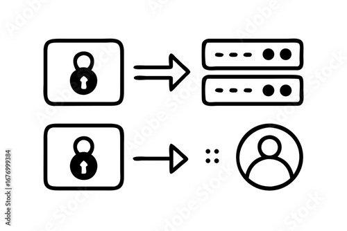 Vector art of login process with user profile and server