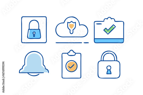 Vector art of padlock, cloud, clipboard, and bell icons
