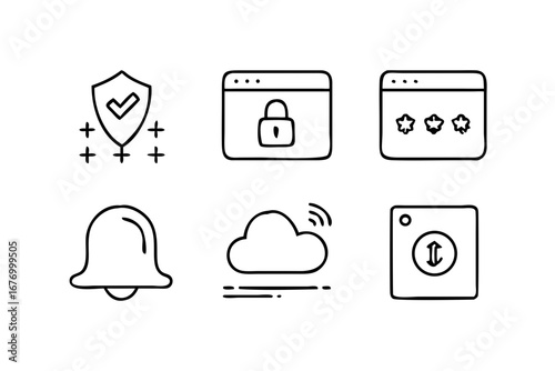 Vector art of security icons set of shield, browser, password, bell and cloud