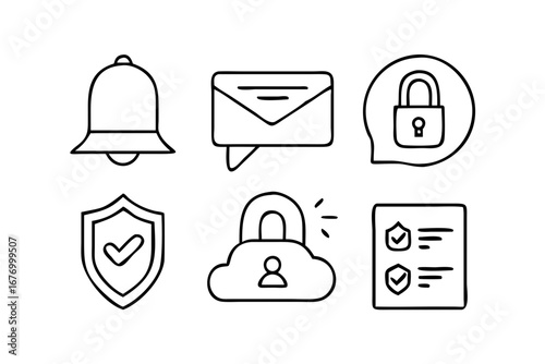 Vector art of security icons set with shield, lock, notification