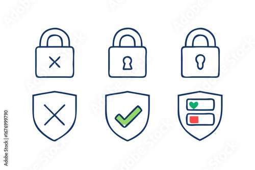 Vector art of set of security icons with lock and shield