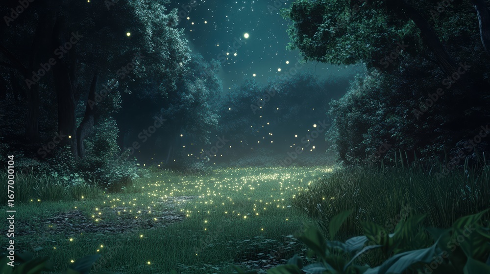 Fototapeta premium A serene forest scene at night, illuminated by glowing particles, evoking a magical and tranquil atmosphere.
