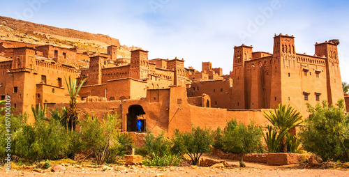 Amazing view of Kasbah Ait Ben Haddou near Ouarzazate in the Atlas Mountains of Morocco. UNESCO World Heritage Site since 1987. Artistic picture. Beauty world.