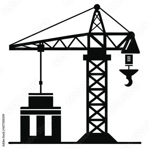 Tower Crane Lifting Building Modules Silhouette, Construction Equipment, Heavy Machinery Icon