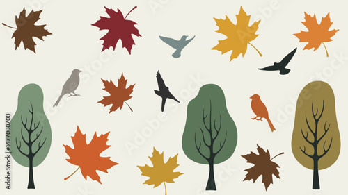Minimalist Autumnal Scene with Trees, Birds, and Maple Leaves Illustration
