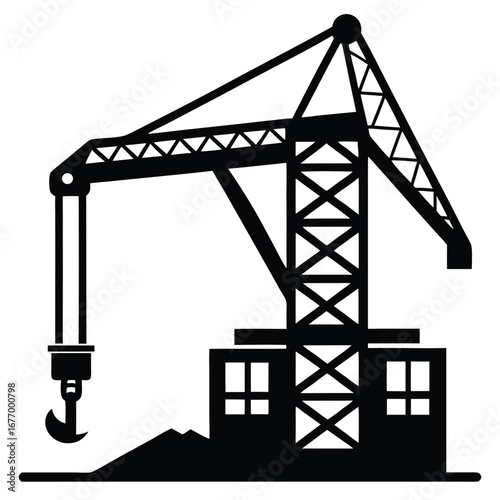 Black Construction Crane Silhouette over Building with Hook Symbolizes Progress and Industry