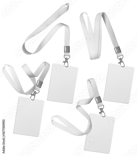 Set. Plastic badge. ID card with white ribbon. Template designed for employees and guests of company. Can be used for shows, events, concerts and performances. Or for speakers and organizers. png