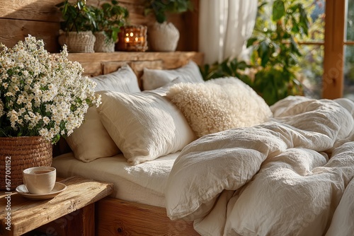 Cozy wooden bedroom with white bedding, flowers, and a cup of tea; natural light streams in