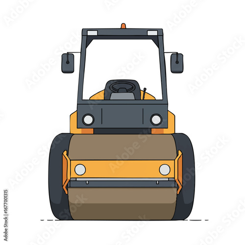 A minimalist 2D flat illustration captures a pneumatic tire roller from the front, presented with smooth, clean lines and solid colors, isolated on a pure white background.
