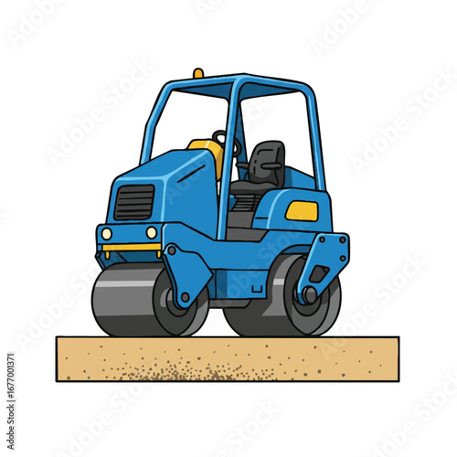 A vibrant vector illustration showcases a vibratory compactor machine diligently compacting a new foundation, presented in a clean graphic style with solid colors on a bright white background.