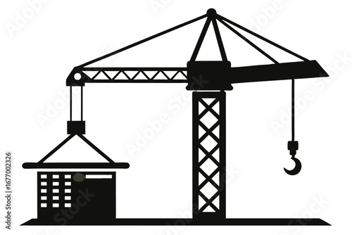 Black Silhouette of a Construction Crane Lifting a Building Section with Hook Detail