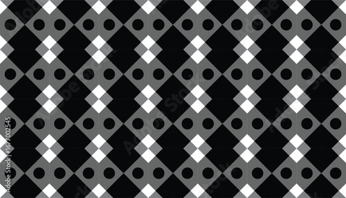Seamless monochrome geometric pattern with repeating diamond shapes, circles, and squares