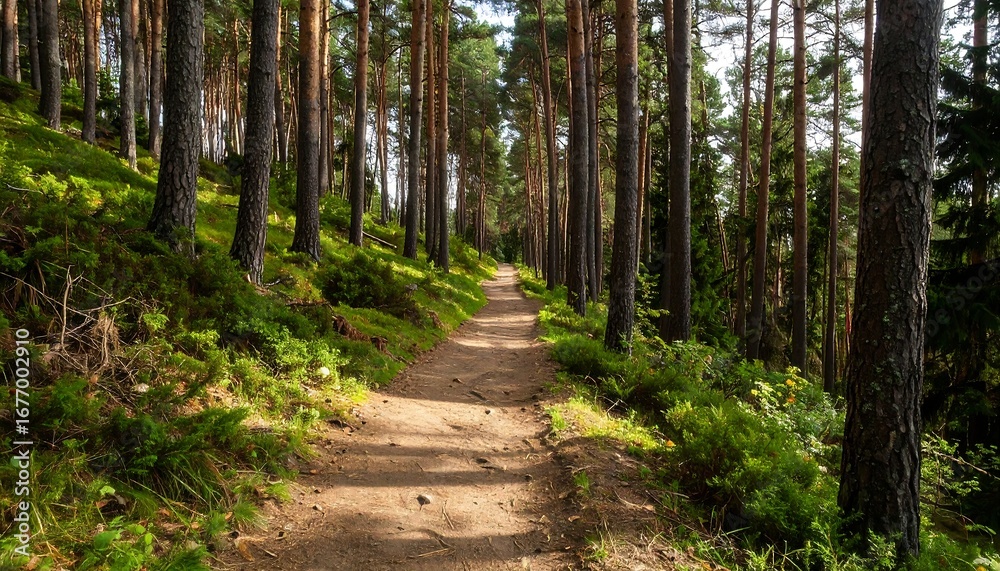 Fototapeta premium Serene forest pathway winding through tall trees, with sunlight filtering through leaves