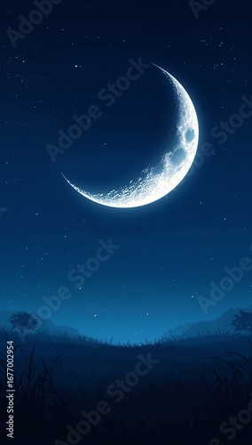 Minimalist anime giant crescent moon hanging low above silent open field