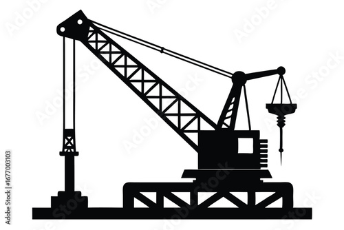Black Silhouette Illustration Construction Crane with Boom, Suspension Cable, and Drop Hammer Ready to Pile Drive