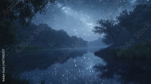 Wallpaper Mural A serene night scene featuring a calm river reflecting stars and a starry sky, surrounded by trees in a tranquil landscape. Torontodigital.ca