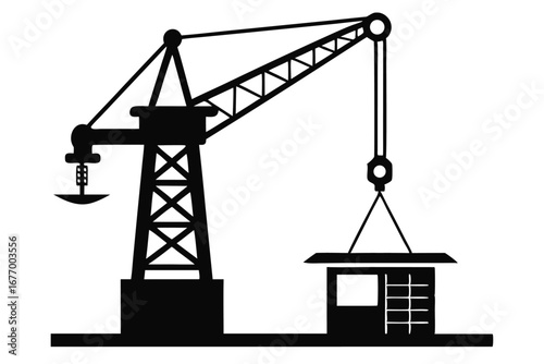 Black Silhouette of a Crane Lifting a Building Module for Construction Site Project