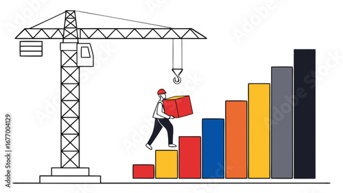 Construction worker building a growing bar chart with a crane