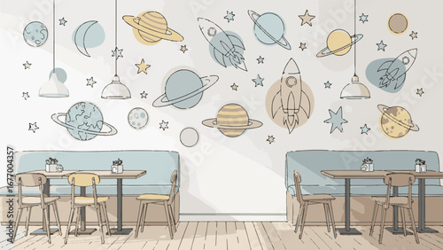 Handdrawn Whimsical Space Planets Rocketship Mural in Restaurant Interior Illustration