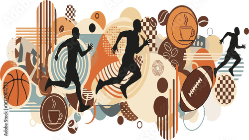 Abstract Sporty Beverage and Geometric Shape Collage with Running Figure