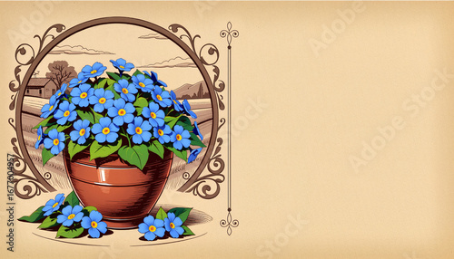A bouquet of forget-me-nots in a clay pot