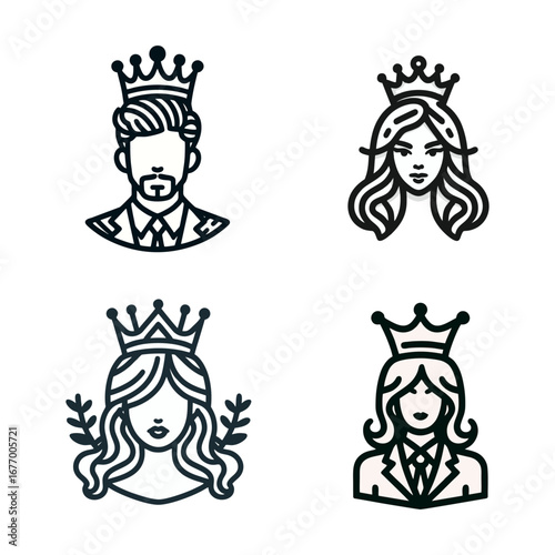 Stylized King and Queen Crowned Portraits Line Art Icons Set