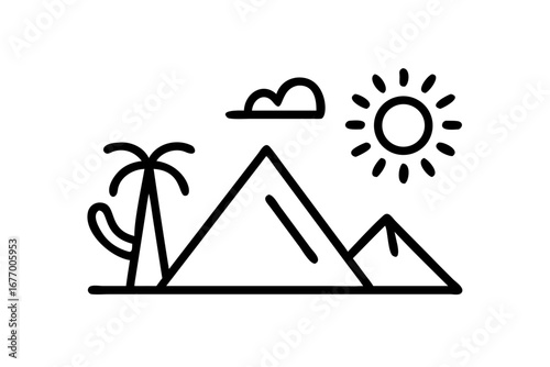 Vector art of minimalist desert landscape with pyramids, sun, and palm tree