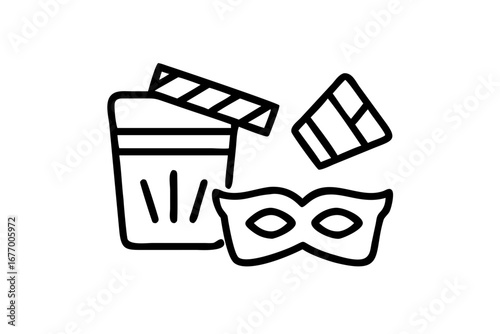 Vector art of movie and theater elements with clapperboard and mask