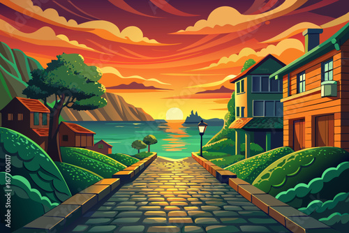 vector of In the land of green and orange sunset, beautiful cobblestones where the sea is the last destination of the heart.
