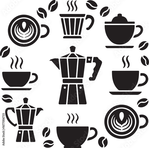 Coffee icons collection with moka pot and cups