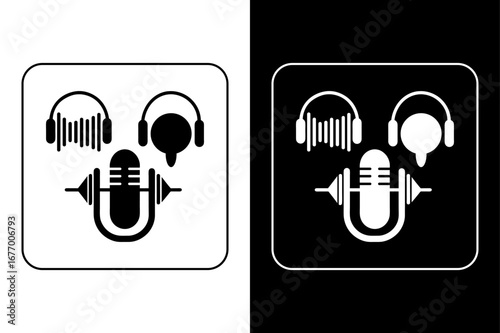 Black and White Podcast Icon Collection – Headphones, Mic, Waveform.