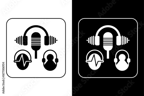 Podcast and Audio Icons – Recording Mic, Headphones, Sound Wave.