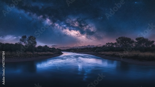 A serene river reflects a starry sky, showcasing the Milky Way and nature's beauty in a tranquil night scene.