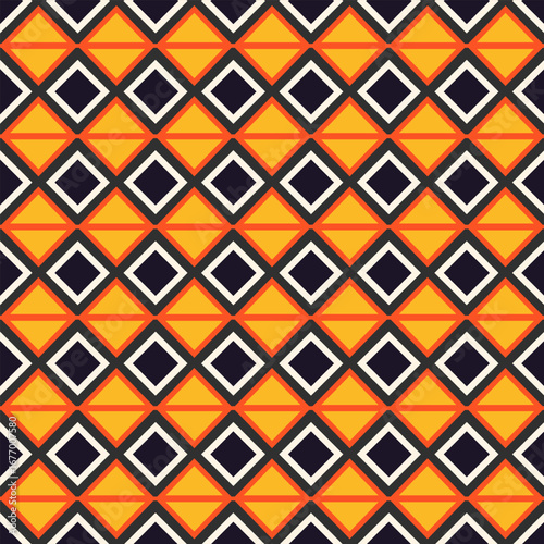 This is a seamless pattern with a repeating design featuring geometric shapes and stylized figures in rows. The color palette includes dark blue, burnt orange, yellow, and white.
