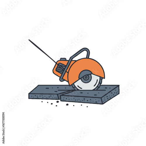 A robust vector illustration shows a concrete saw actively cutting through pavement, featuring a minimalist style with a solid color scheme, vibrantly isolated on a pure white background.
