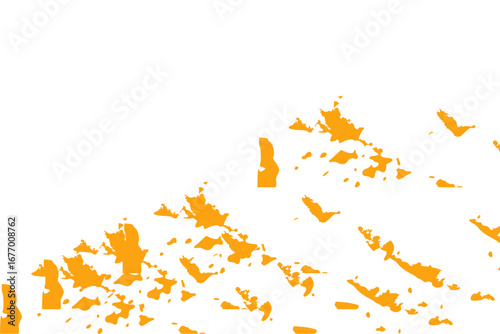 Abstract design with scattered orange shapes on a white background. The orange elements appear 
